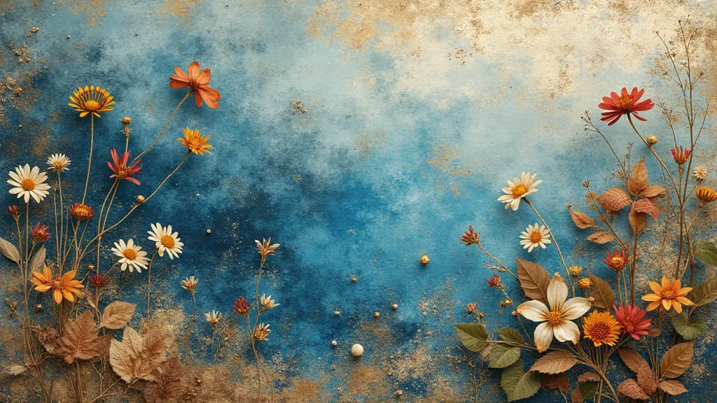 Collage artwork with marbled paper and natural elements