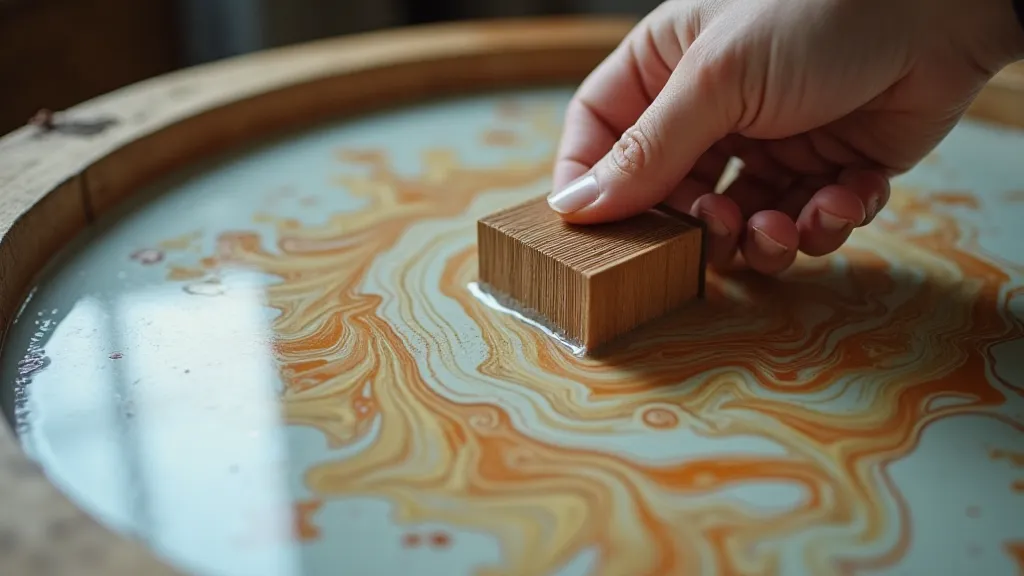 Hand dragging a comb across water to create a design