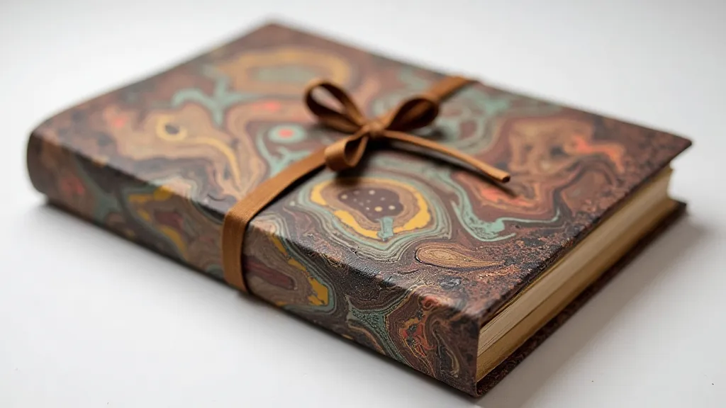 A partially completed hand-bound journal, showcasing a vibrant marbled paper cover with exposed stitching and a tied ribbon closure.