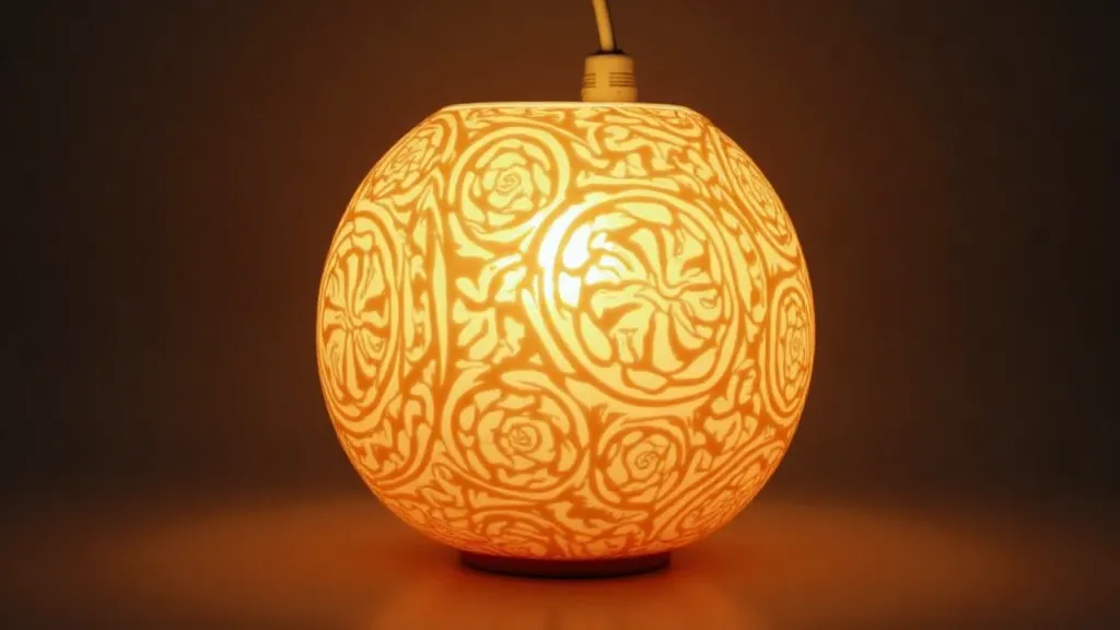 A close-up of a beautiful marbled lampshade with a soft glow emanating from within, showcasing the swirling patterns and depth of color.