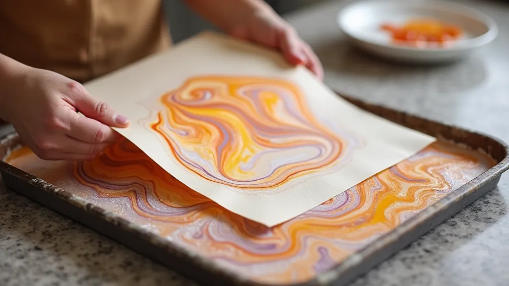 Marbled paper being lifted from the size bath